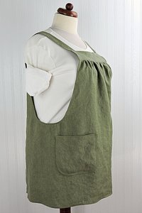 XS - 5X Olive Green Washed Linen Pinafore Apron with no ties, 100% flax linen relaxed fit smock with pockets, handmade after order