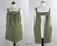 XS - 5X Olive Green Washed Linen Pinafore Apron with no ties, 100% flax linen relaxed fit smock with pockets, handmade after order