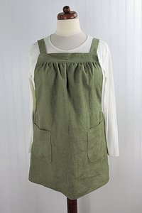 XS - 5X Olive Green Washed Linen Pinafore Apron with no ties, 100% flax linen relaxed fit smock with pockets, handmade after order