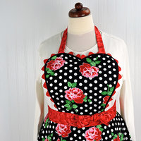 Retro 50s Twirly Skirt Apron (Polka Dots & Roses on black) heart-shaped bib, flirty photo prop, ready to ship gift for her