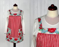 Red Gingham and Roses Pinafore with no ties, relaxed fit smock with pockets, retro floral kitchen apron XS to 5X