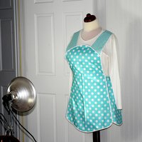 Aqua Polka Dot 50s Smock Apron with no neck ties (H-back style sits on shoulders) XS to 4X with pocket options