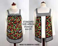 XS to 5X Strawberry Patch Pinafore (with Black Gingham accents) has no ties, relaxed fit smock apron with pockets