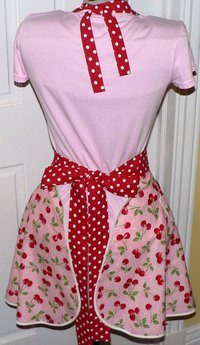Pink Cherry Dot Twirly Skirt Apron (sweetheart neckline) flirty photo prop, retro diner apron with pocket, one size