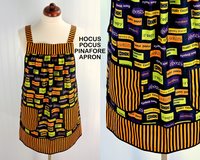 Hocus Pocus Halloween Pinafore Apron with no ties fits L/XL/2X , relaxed fit smock with pockets ready to ship