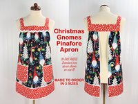XS - 5X Plus Size Christmas Gnomes Pinafore with no ties, relaxed fit smock with pockets, over the head apron