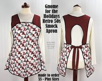 XS-4X Gnome for the Holidays Retro 50s Christmas Smock, black+white+red relaxed fit H-back apron w/ optional pockets