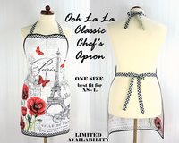 Ooh La La! Retro Chef Apron, pretty hostess apron, romantic Paris Toile with poppies and the Eiffel Tower, ties at neck and waist