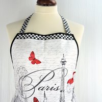 Ooh La La! Retro Chef Apron, pretty hostess apron, romantic Paris Toile with poppies and the Eiffel Tower, ties at neck and waist