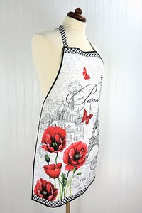 Ooh La La! Retro Chef Apron, pretty hostess apron, romantic Paris Toile with poppies and the Eiffel Tower, ties at neck and waist