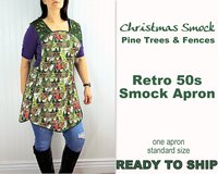 Retro 50s Christmas Smock, Pine Trees and Fences with old Red Trucks relaxed fit H-back apron, fits L/XL ready to ship