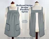 Indigo Railroad Stripe Denim Pinafore with no ties, relaxed fit blue jean apron, sturdy artist smock XS to 5X
