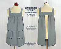 Indigo Railroad Stripe Denim Pinafore with no ties, relaxed fit blue jean apron, sturdy artist smock XS to 5X