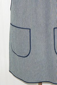 Indigo Railroad Stripe Denim Pinafore with no ties, relaxed fit blue jean apron, sturdy artist smock XS to 5X