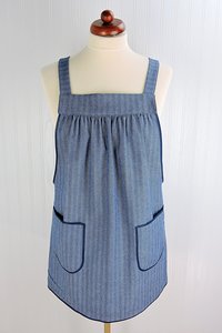 Herringbone Stripe Denim Pinafore with no ties, relaxed fit denim apron, very sturdy artist smock w/ pockets XS to 5X