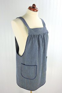 Hickory Stripe Denim Pinafore with no ties, relaxed fit blue jean apron, sturdy artist smock with pockets XS to 5X