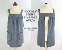 Hickory Stripe Denim Pinafore with no ties, relaxed fit blue jean apron, sturdy artist smock with pockets XS to 5X