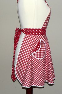 Red Gingham Twirly Skirt Apron with circle skirt + sweetheart neckline, flirty kitchen apron with pocket, retro diner style, one size