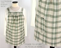 Neutral Plaid Washed Linen Pinafore Apron with no ties, 100% linen smock with pockets, made to order XS - Plus sizes