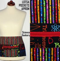 Science Geekery Teacher Half Apron, multi-pocket apron with zipper pocket, for vendors, crafters, standard size fits waists up to 40 inches