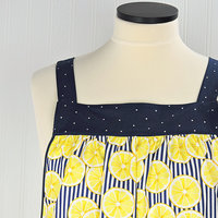 Sunny Lemons on Navy Pinafore Apron with no ties, relaxed fit smock apron with pockets, made to order XS - 5X