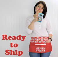 Red and Aqua Teacher Half Apron with money pocket, multi-pocket apron with zipper, Ready to Ship, fits waists up to 40 inches