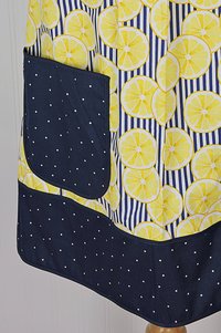 Sunny Lemons on Navy Pinafore Apron with no ties, relaxed fit smock apron with pockets, made to order XS - 5X