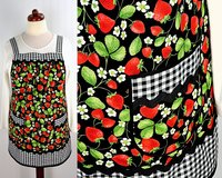 XS to 5X Strawberry Patch Pinafore (with Black Gingham accents) has no ties, relaxed fit smock apron with pockets