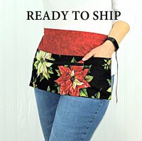 Red Tis the Season Poinsettia Multi-Pocket Teacher Apron, Xmas Vendor Apron with money pocket, Ready to Ship fits waist up to 40"