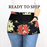 Black Tis the Season Poinsettias Multi-Pocket Apron, Xmas Vendor Apron with money pocket, ready to ship fits waists up to 40"