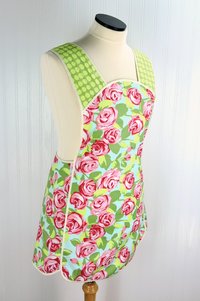 Tumble Roses in Green & Pink Retro Smock Apron, relaxed fit with no neck ties (H-back apron) LAST ONE fits L/XL