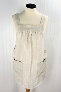 SHIPS FAST~ Beige Stripe Linen Pinafore with no ties, washed linen smock with pockets (oatmeal color) Standard Size L/XL/2X ready to ship