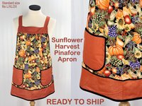 Sunflower Harvest Pinafore with no ties, relaxed fit smock with pockets, fall vegetables & fruit, fits L/XL/2X, ready to ship