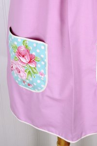 Delightful Pink Pinafore with aqua floral accents, relaxed fit smock with pockets, no tie apron fits L/XL/2X, ready to ship now