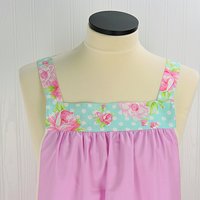Delightful Pink Pinafore with aqua floral accents, relaxed fit smock with pockets, no tie apron fits L/XL/2X, ready to ship now