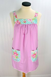 Delightful Pink Pinafore with aqua floral accents, relaxed fit smock with pockets, no tie apron fits L/XL/2X, ready to ship now