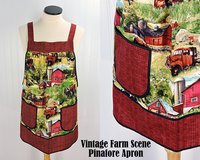 Vintage Farm Scene Pinafore with no ties, relaxed fit smock with pockets, Red Barn- Truck- Horses- Cows- Tractor