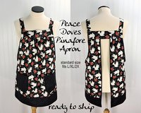 Peace Doves Pinafore with no ties, relaxed fit smock with pockets fits L/XL/2X, Christmas baking apron ready to ship now