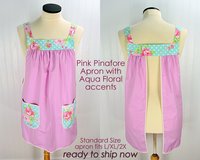 Delightful Pink Pinafore with aqua floral accents, relaxed fit smock with pockets, no tie apron fits L/XL/2X, ready to ship now