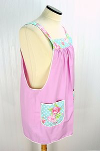 Delightful Pink Pinafore with aqua floral accents, relaxed fit smock with pockets, no tie apron fits L/XL/2X, ready to ship now