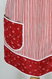 Red Stripe Valentine Pinafore with no ties, relaxed fit smock with pockets, standard size Red Heart Apron L/XL/2X, Ready to Ship