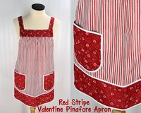 Red Stripe Valentine Pinafore with no ties, relaxed fit smock with pockets, standard size Red Heart Apron L/XL/2X, Ready to Ship
