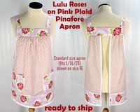 SHIPS FAST ~ Lulu Roses on Pink Plaid Pinafore with no ties, relaxed fit smock with pockets, Valentine Apron (fits L/XL/2X) Ready to Ship