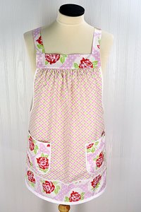 SHIPS FAST ~ Lulu Roses on Pink Plaid Pinafore with no ties, relaxed fit smock with pockets, Valentine Apron (fits L/XL/2X) Ready to Ship