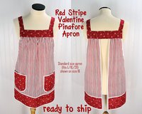 Red Stripe Valentine Pinafore with no ties, relaxed fit smock with pockets, standard size Red Heart Apron L/XL/2X, Ready to Ship