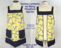Sunny Lemons on Navy Pinafore Apron with no ties, relaxed fit smock apron with pockets, made to order XS - 5X