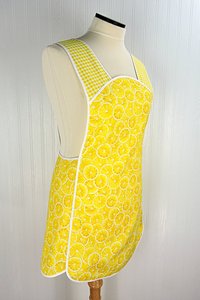 Lemon Slices & Gingham 50s Smock Apron, relaxed fit "H-back" doesn't touch neck, from XS to 4X w/ pocket options, Lemon Fresh collection