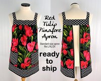 Red Tulips Pinafore Apron with no ties, plus size smock apron with pockets, Standard Size (fits L/XL/2X) ready to ship now
