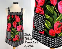 Red Tulips Pinafore Apron with no ties, plus size smock apron with pockets, Standard Size (fits L/XL/2X) ready to ship now