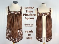 SHIPS FAST~ Coffee Time Pinafore with no ties, relaxed fit smock with pockets, barista apron, standard size fits L-XL-2X, ready to ship
